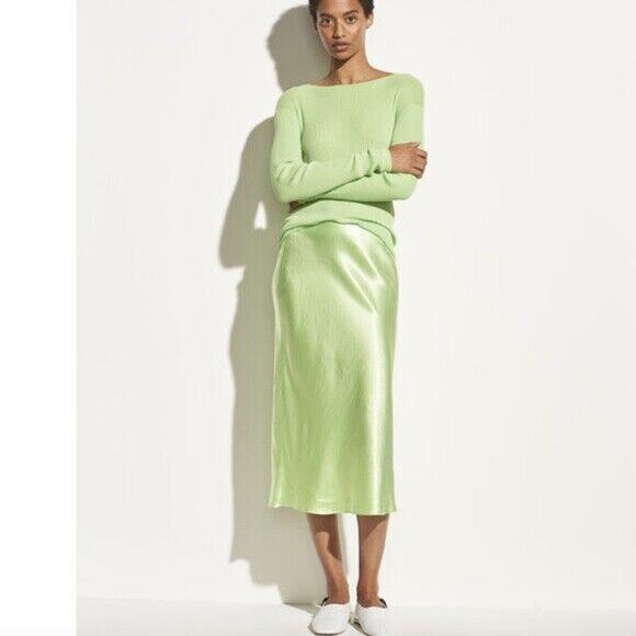 Vince Womens Skirt Slip High Rise Satin Flared Mini Pull on Guava Green M NWT - Picture 1 of 9